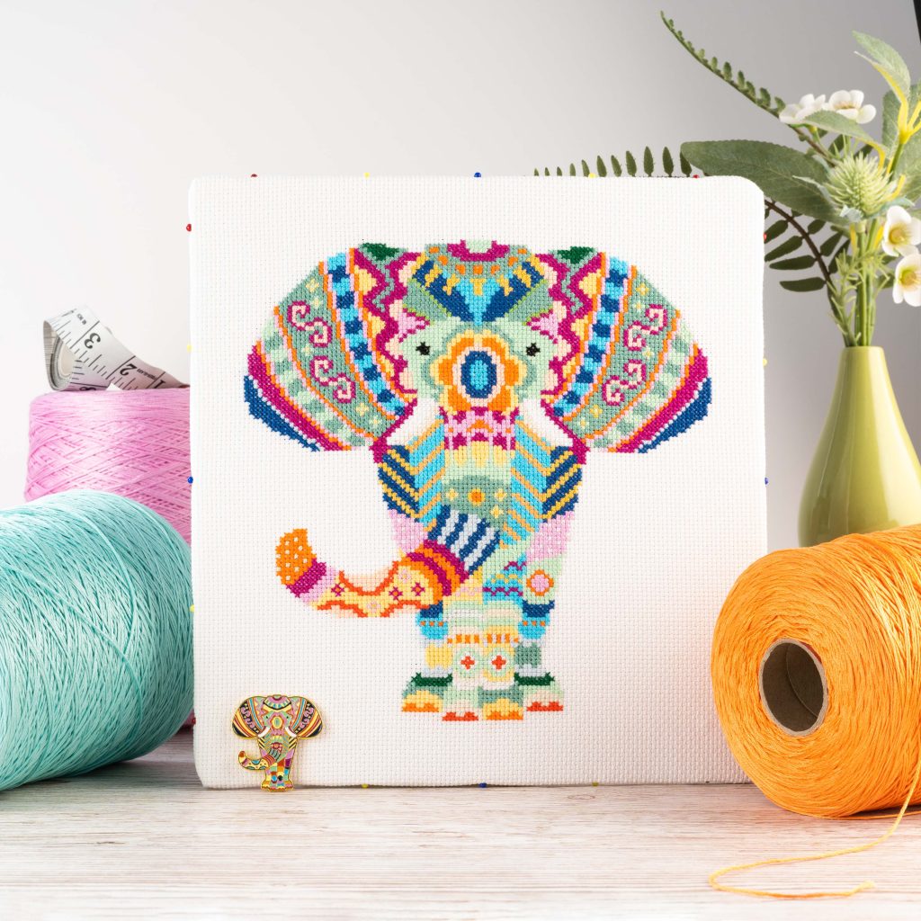 Lifestyle product image of a cross stitching kit - elephent