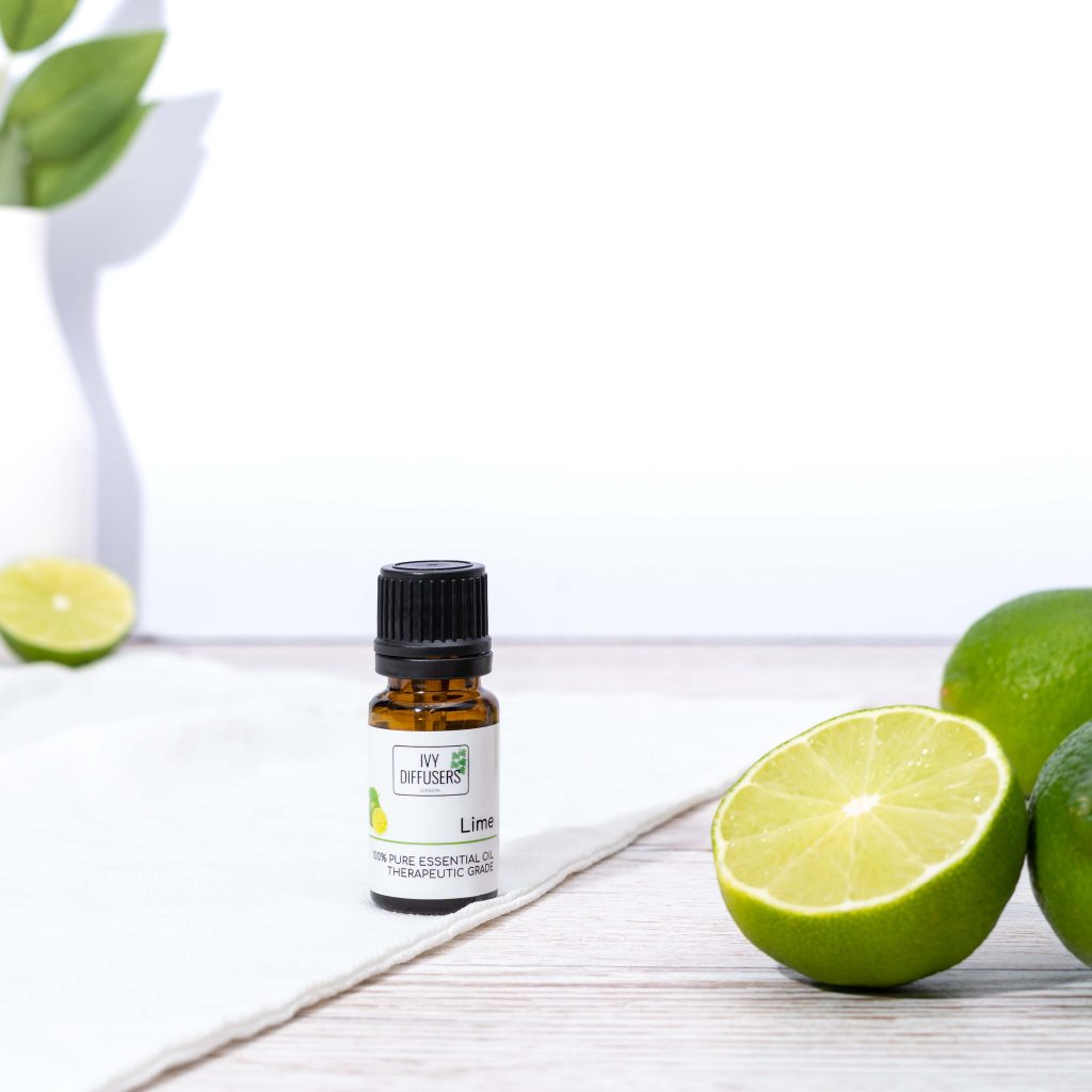 Creative product photography of a Lime essential oil for essential oils diffuser