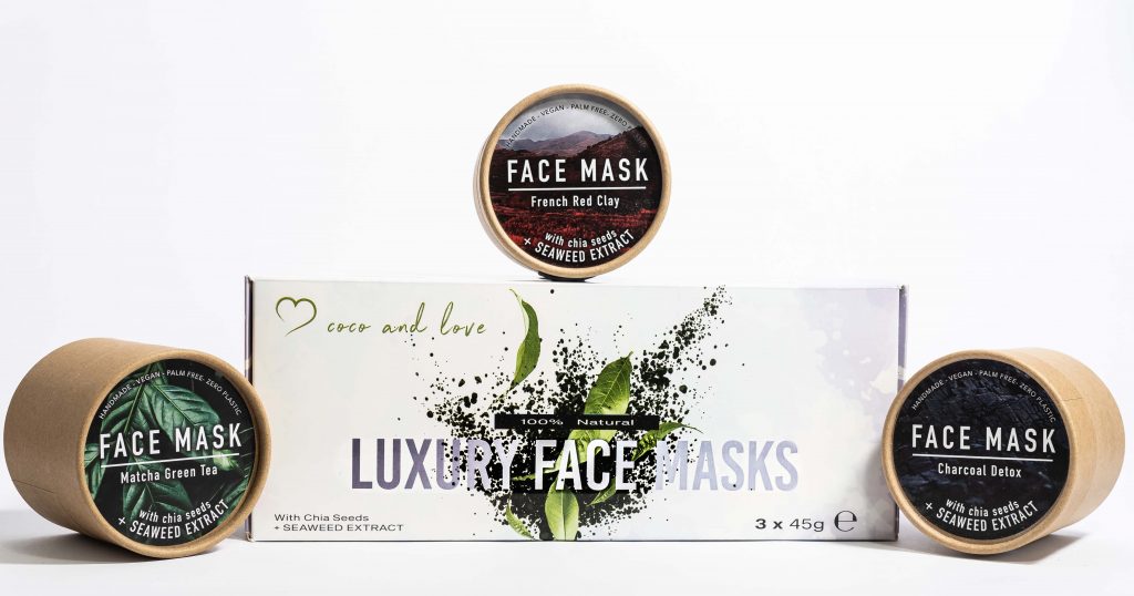 White Background product photo of set of 3 face masks - French Red clay, Matcha Green Tea , Charcoal Detox mask, with chia seeds and seaweed extract